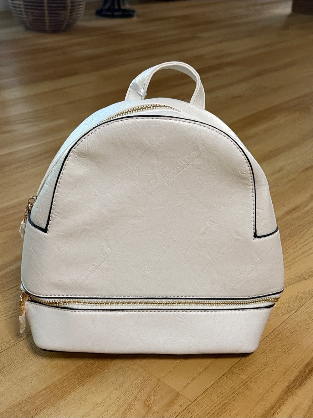 Mini White Faux Leather Backpack with Gold Zipper Accents